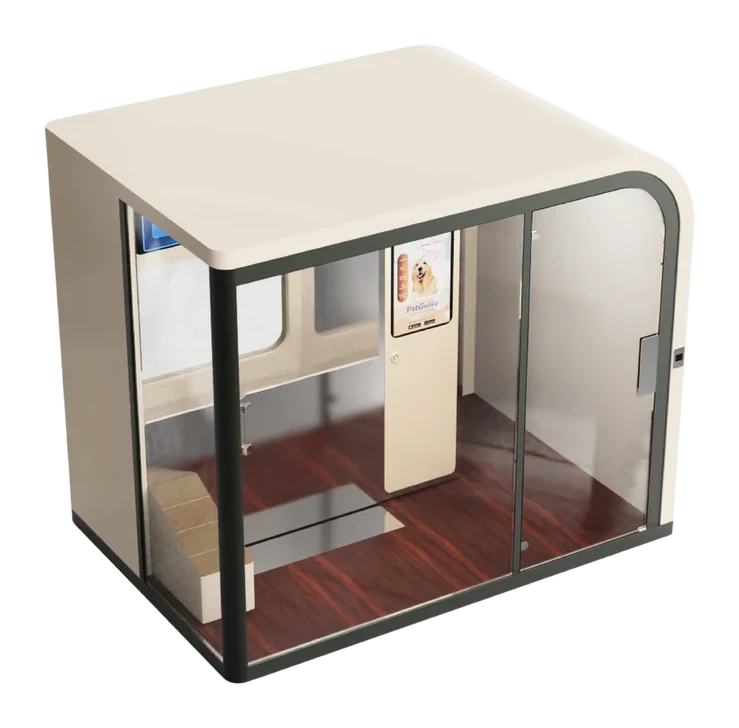 3D render of the Spotless grooming capsule: cream rounded roof, glass walls, sliding door and a wash tub inside