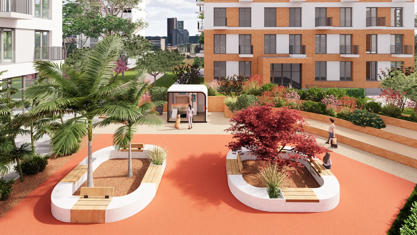 The Spotless capsule in a landscaped community courtyard