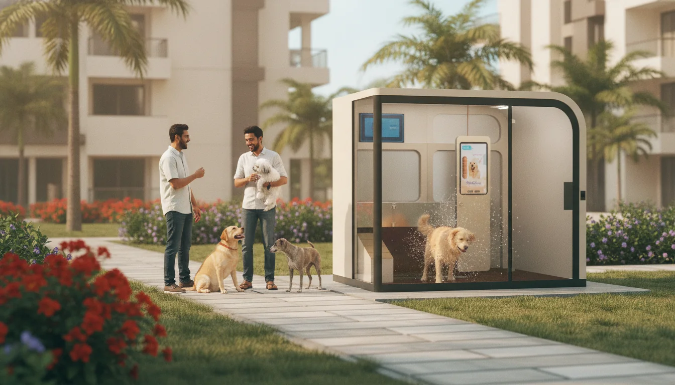 Neighbours chatting with their dogs beside the Spotless capsule on a weekend morning