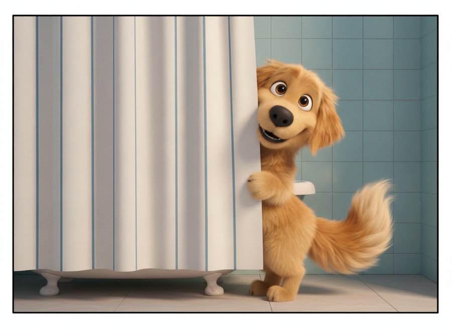 Bolt becomes invisible. (He is behind a curtain. His tail is not.)
