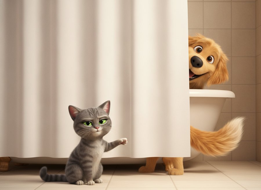 Mia, helpfully: "He's behind the curtain."