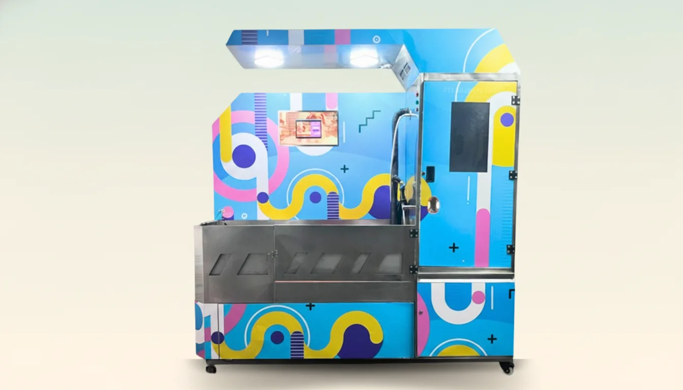 The colourful Spotless self-service smart pet wash station — stainless wash tub, built-in touchscreen and dryer cabinet