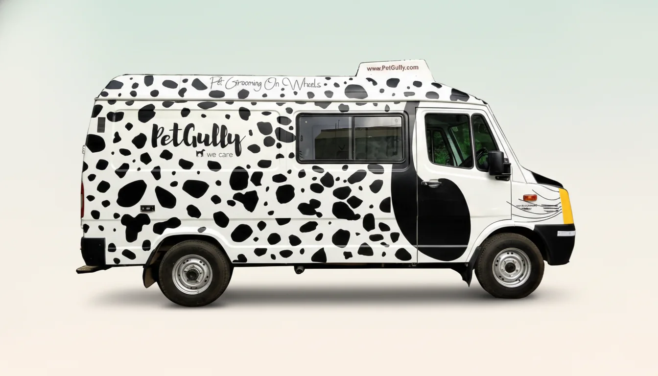 The PetGully Dalmatian-spotted mobile grooming van, fully wrapped, ready to drive to your door