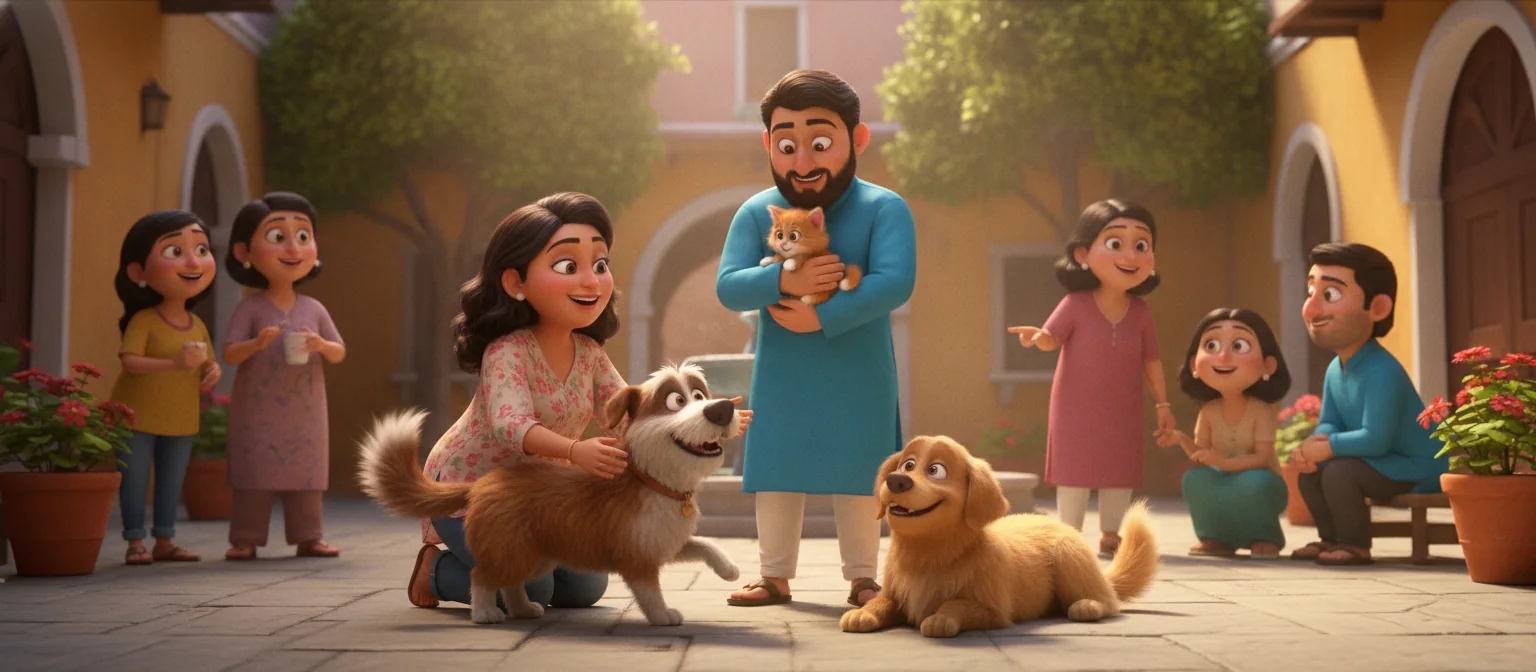 Pet owners and their dogs gathered in a sunlit courtyard