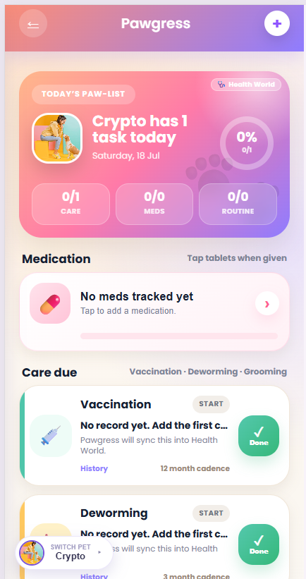 Pawgress in the app: today's paw-list with care, meds and routine counters and tickable task cards