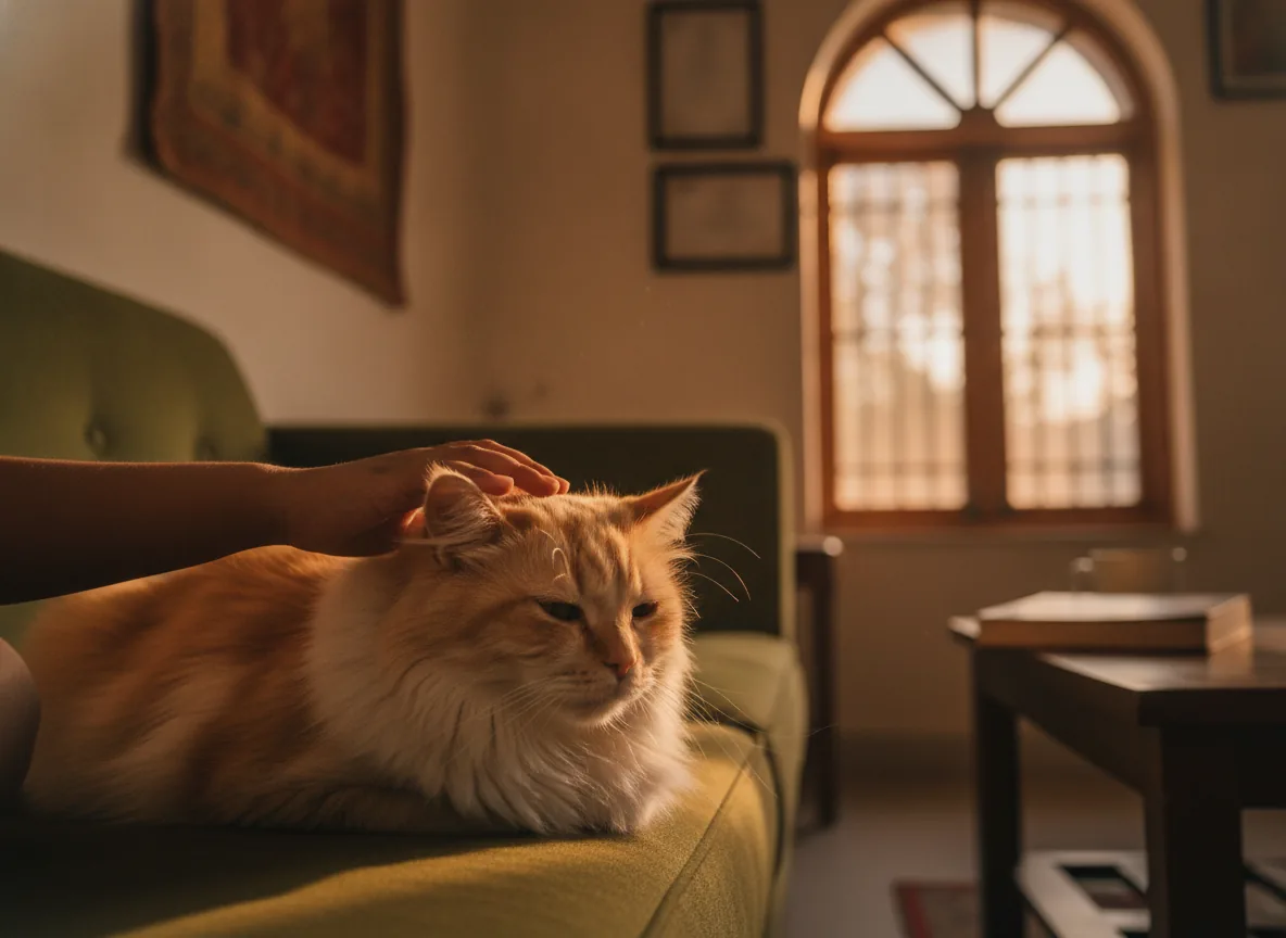 A child gently brushing a relaxed long-haired cat on a sofa