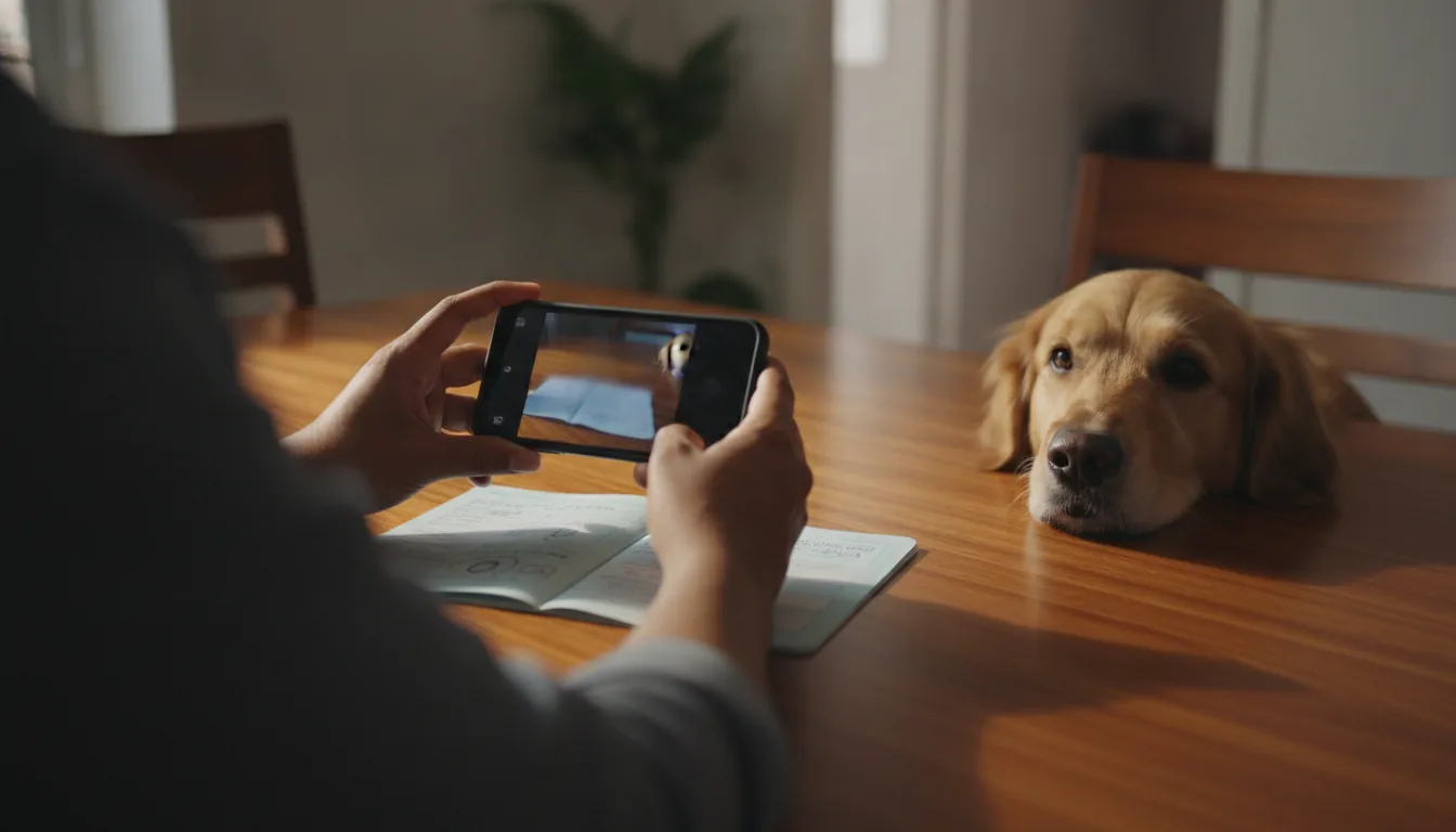 A pet parent photographing a vaccination booklet with their phone while their golden retriever watches