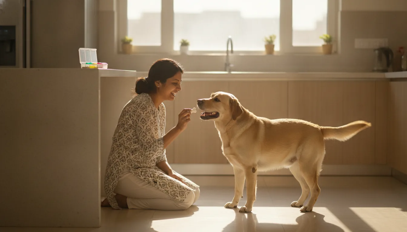 A smiling woman giving her labrador a chewable tablet in a bright kitchen