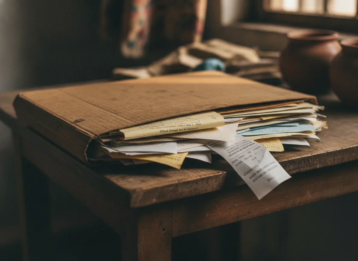 An overflowing folder of creased pet medical papers and faded receipts