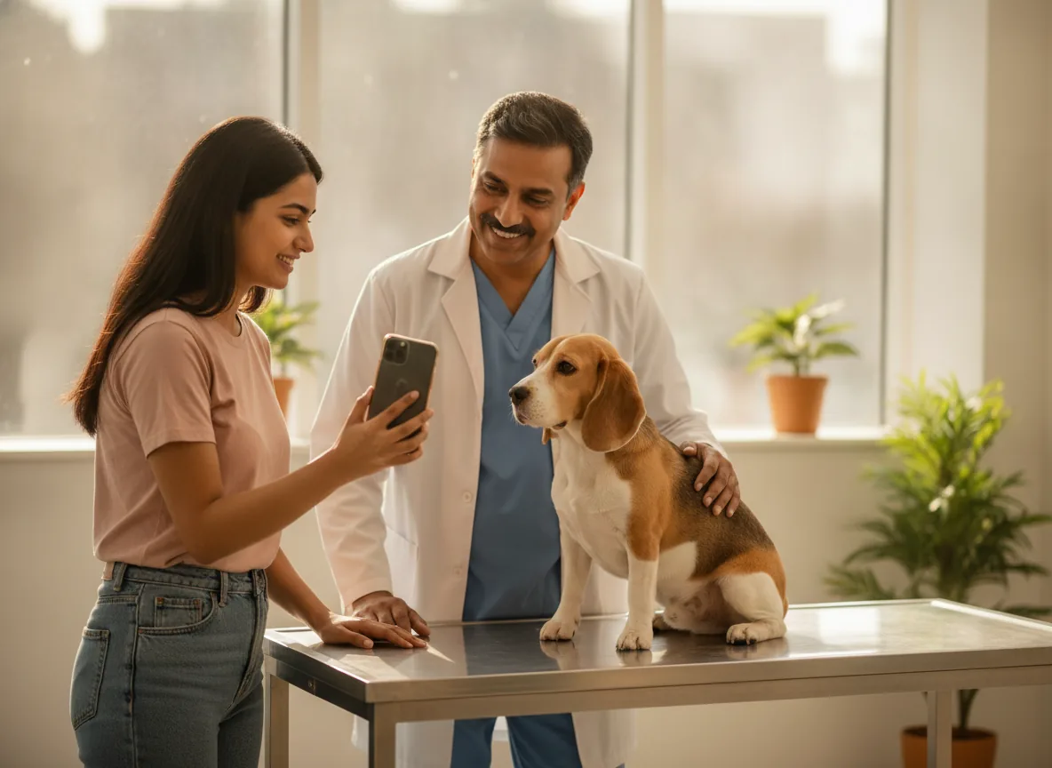 A pet parent showing their phone to a veterinarian while their beagle sits on the exam table