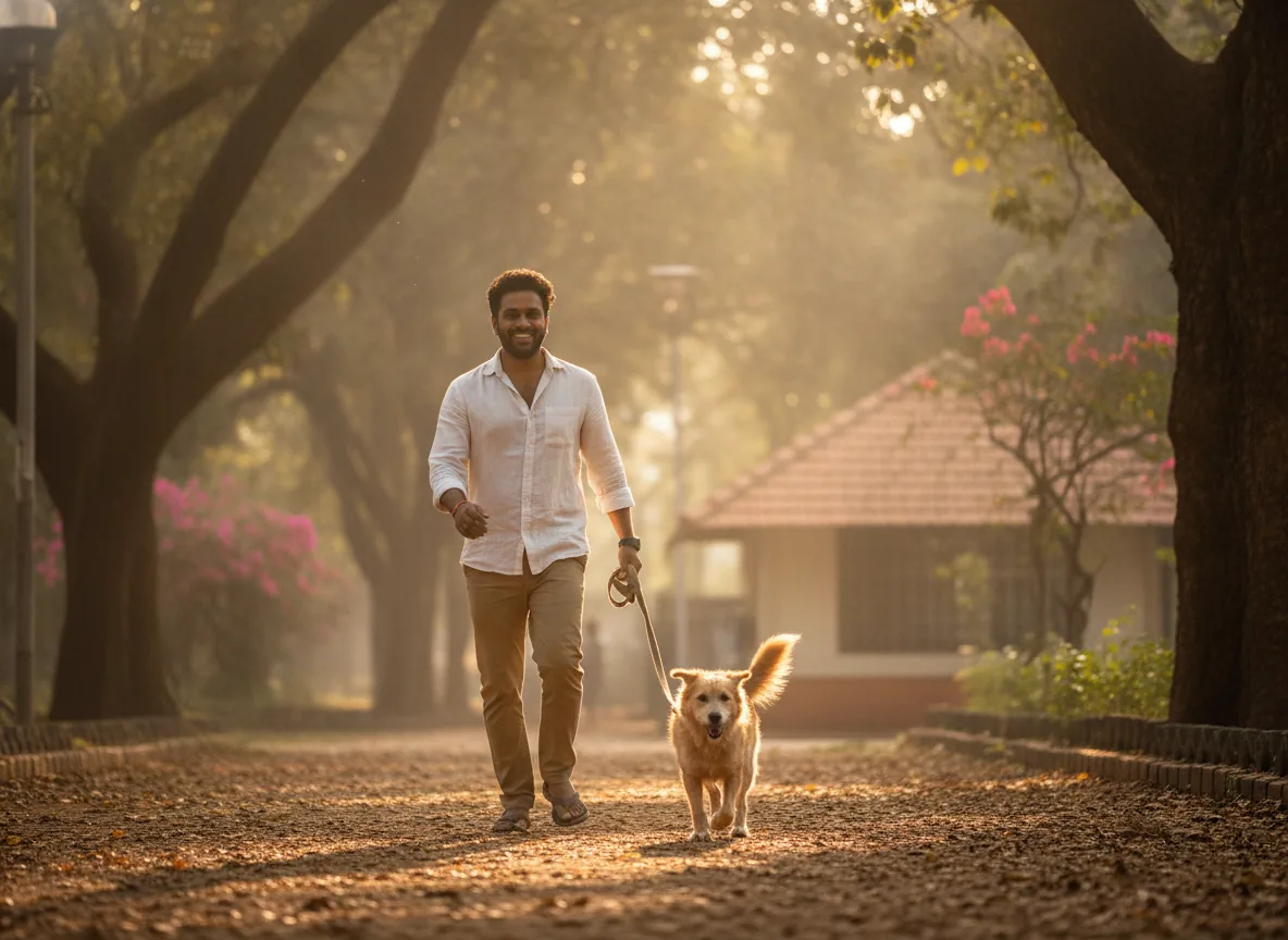 A man walking his happy indie dog through a leafy park in the morning