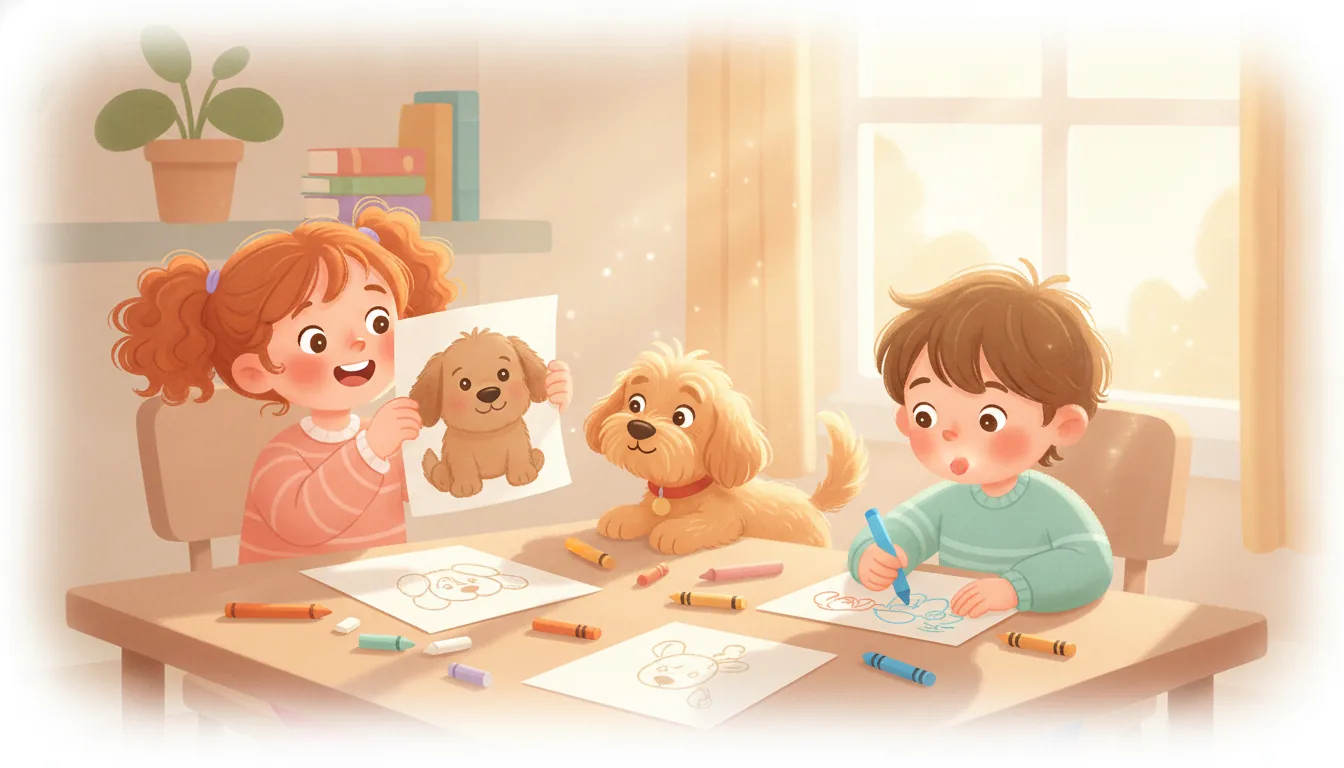 Illustration of two happy kids drawing with crayons while a puppy watches